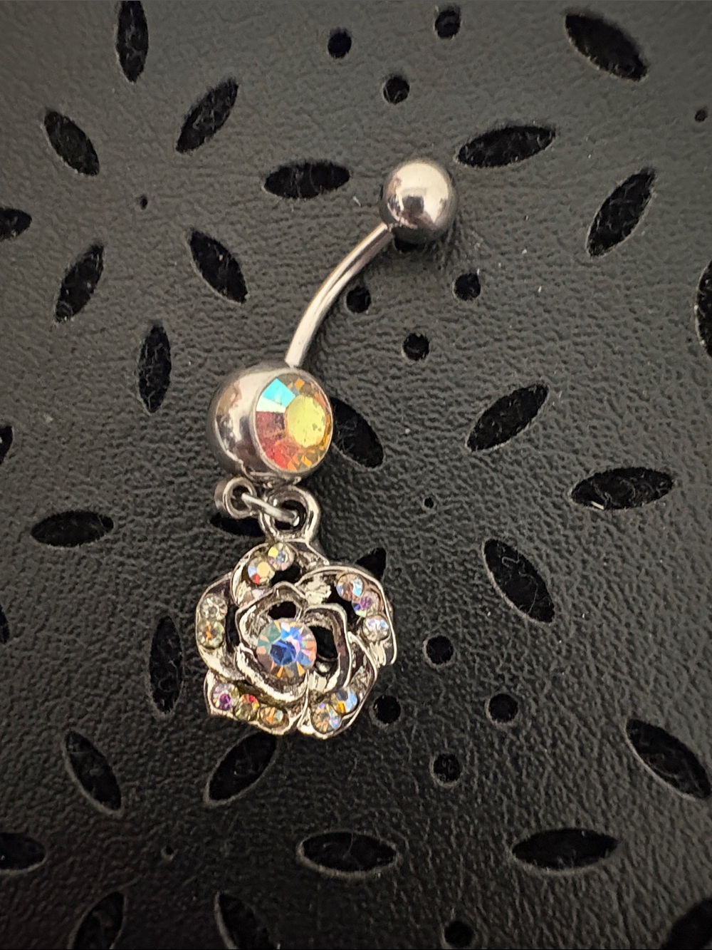 Silver Rose Crystal Dangle Navel Ring - Clear Aurora
